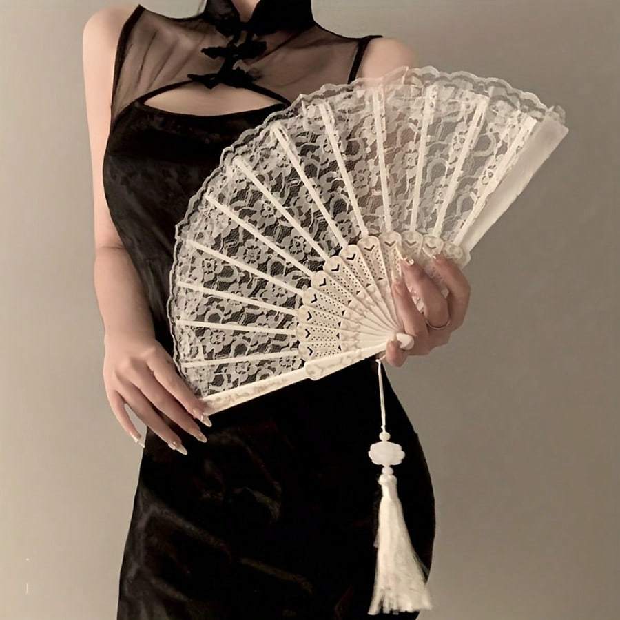 1pc Vintage Black K Lolita Hanfu Cheongsam Style Folding Hand Fan, Party Favors For Women, Birthday, Wedding, Rave Accessories, Bridesmaid Gifts