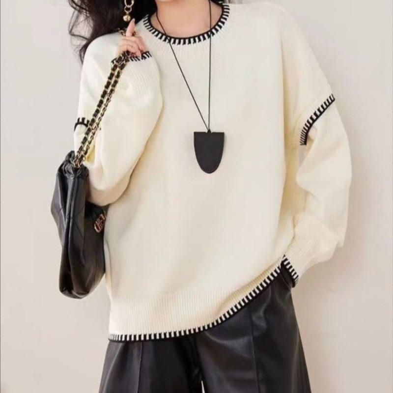 New autumn and winter black and white contrasting color edge crew neck sweater women's simple versatile loose lazy wind knitted sweater