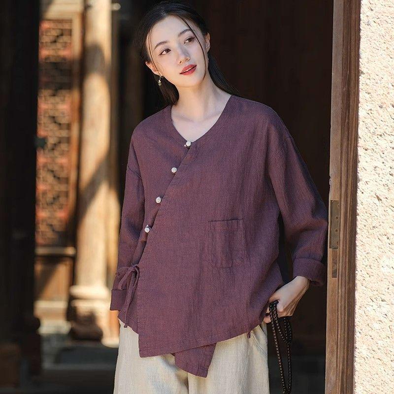Chinese Zen Artistic Retro Cotton Linen Long Sleeve Shirt - 2025 Spring Autumn Collection: Versatile Loose Slimming Women's Wear