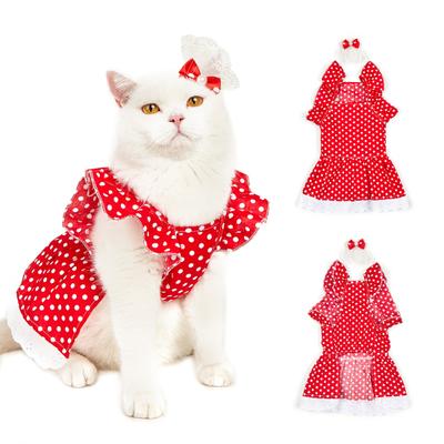 Pet Dress Flying Sleeve Polka Dots Printing Headgear Summer Kitty Clothes Dog
