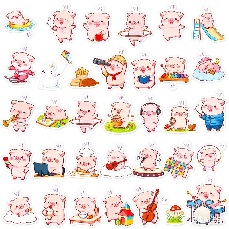 50PCS Cartoon Pink Pig PVC Sticker Aesthetic Colored DIY Sticky Decoration Scrapbooking Hand Accounting Supplies