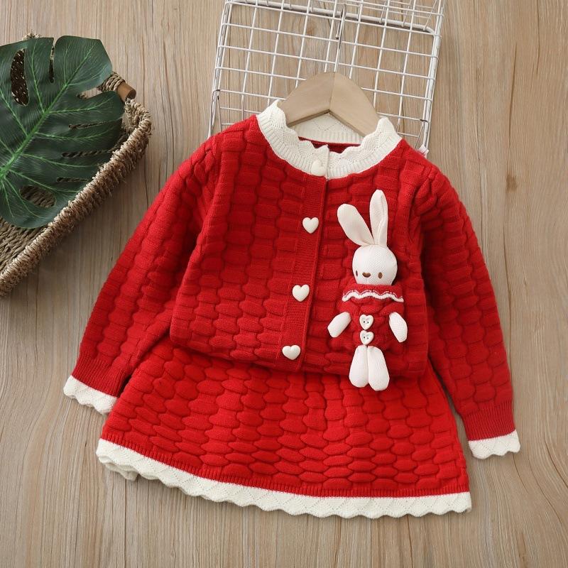 Girls Knit Set Dress With Large Lapel Sweater Cardigan Two Piece Outfit For Kids