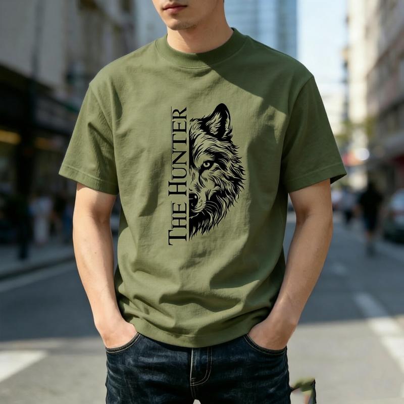 Vintage Wild Wolf The Hunter Letter Graphic Tshirt Unisex Unisex Unisex 100 Cotton Short Sleeve Tee Casual Street Top Daily Summer