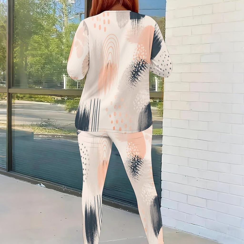 Women Plus Size Round Neck Long Sleeve Leaf Printed Top And Fitted Pants Two Piece Set