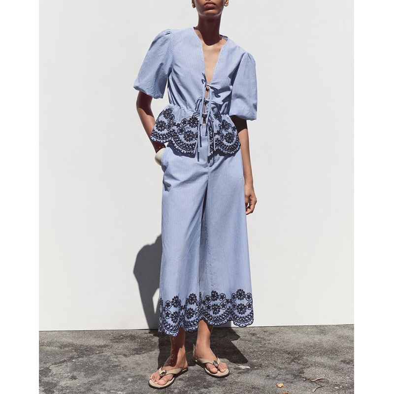 Cotton Embroidery Stripe V-neck Top 3402932 Cotton Embroidery Stripe High Waist Wide Leg Pants 3399932