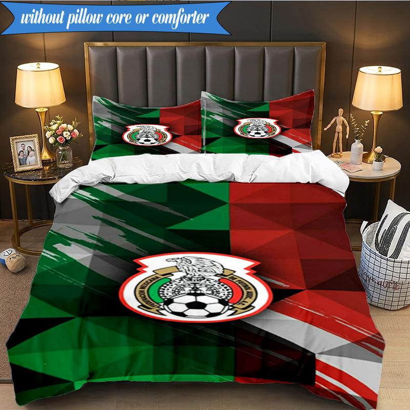 3PCS Mexico Football Team Emblem Printed Soft Bedding Set,Including 1pc Duvet Cover And 2pcs Pillowcases Perfect for Bedroom, Dormitory, Fan Gift
