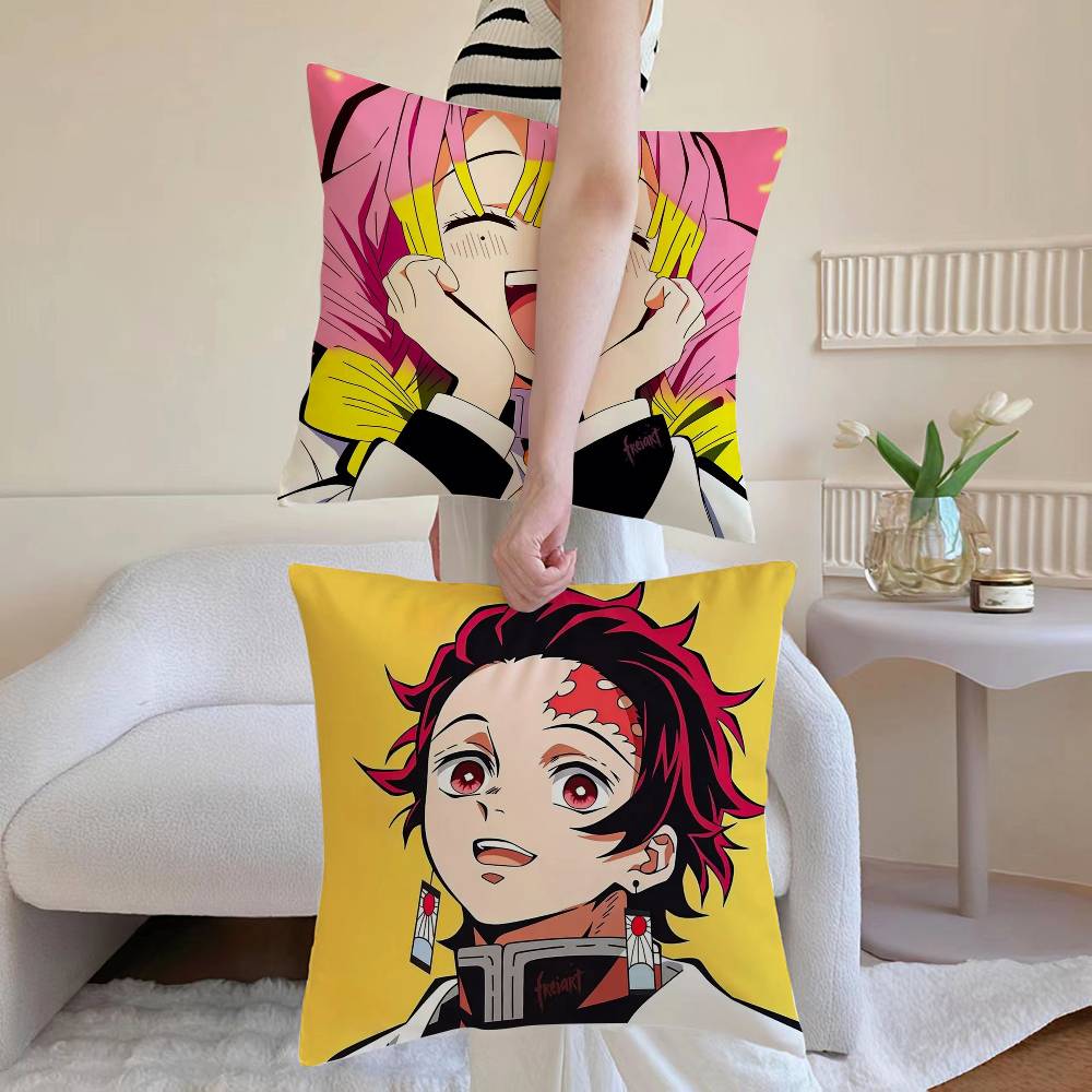 D-Demon Slayer Kimetsu No Y-Yaiba Pillow Case Anti-dustmite Pillowcase Invisible Zipper Silky Short Plush Sofa Cushion Cover