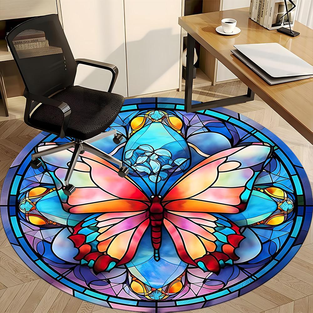 1pc Butterfly Stained Glass Office Round Rug, Non-slip, Soft and Durable Office Rug for Interior Decoration, Perfect for Office,Decoration yy260204037