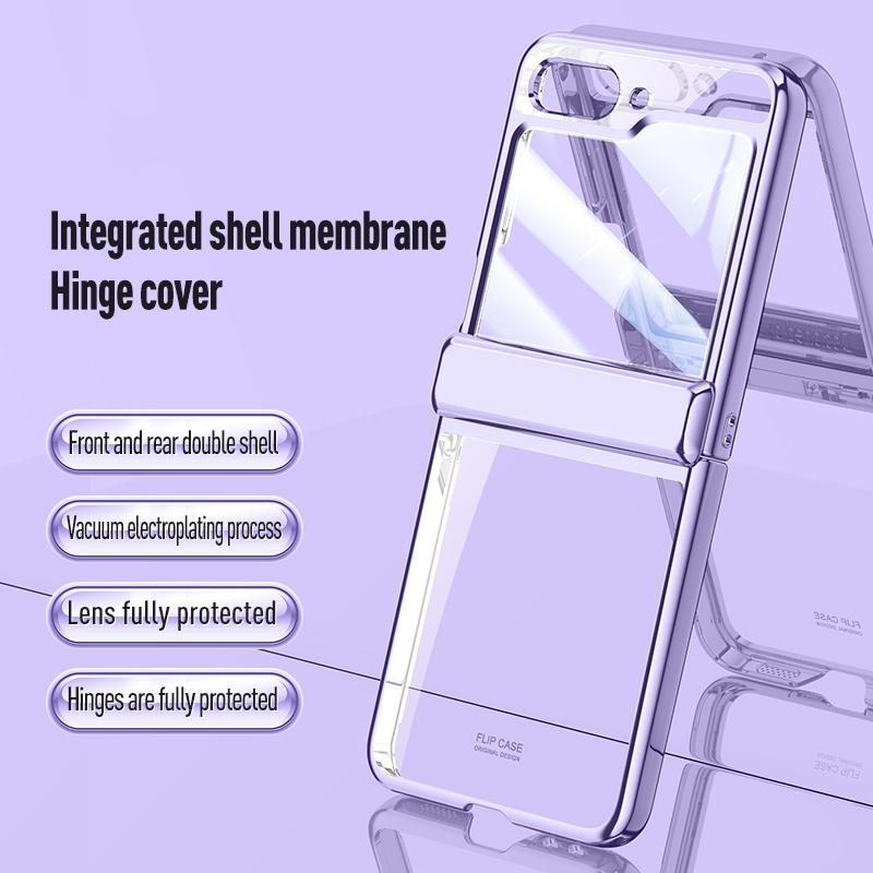 For Samsung Galaxy Z Flip5 5G Hinge Protection Clear Case Hard PC Electroplating Phone Cover with Tempered Glass Rear Screen Protector