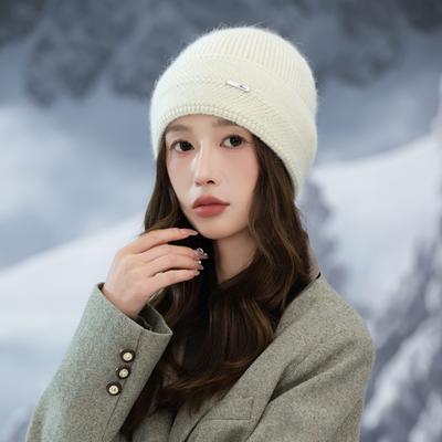 Sweet and Versatile Metal Label Plus Velvet Rabbit Hair Pile Hat Korean Version Autumn and Winter Cold Warm Hat Fashionable Casual Wool Hat