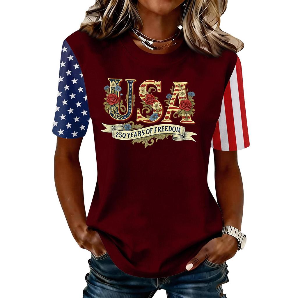 Women's Fashionable Casual Short Sleeve Print Round Neck Pullover Top