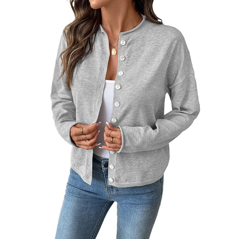 European American Women's Casual Single-breasted Solid Color Knitted Cardigan Women's Round Neck Sweater Jacket Top