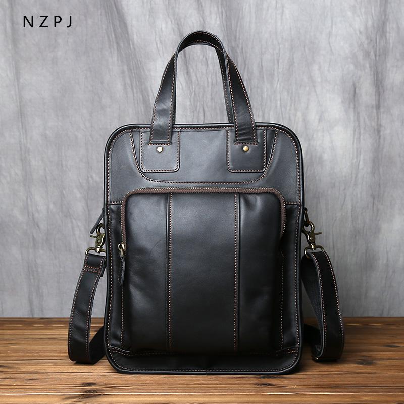 Men's Leather Handbag Casual Messenger Bag Top Layer Leather Vertical Briefcase Shoulder Bag Suitable for 14 Inch Laptop NZPJ