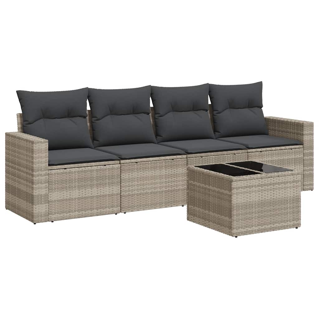 5 Piece Garden Sofa Set with Cushions Light Grey Poly Rattan