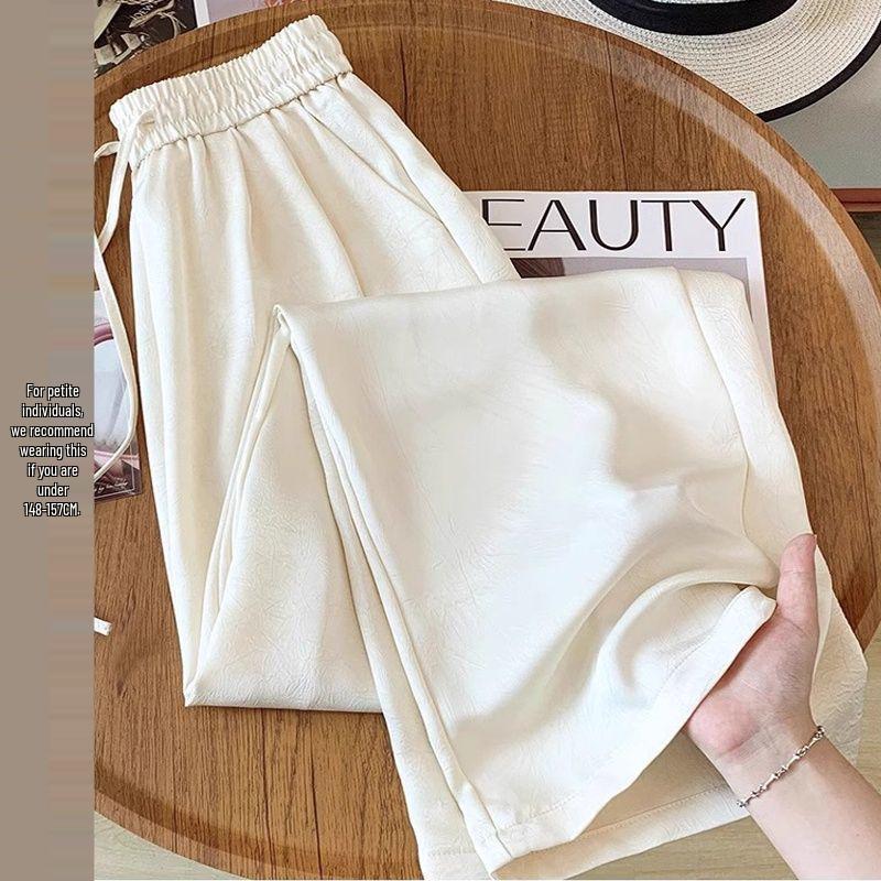 Women's Small Silky Wide-Leg Pants, Summer Eight-Point Length, Thin & Draped Texture