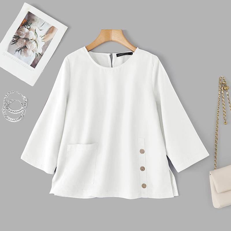 

ZANZEA Женская повседневная однотонная блузка с круглым вырезом и рукавом 3/4 S