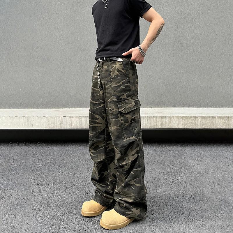 Unisex Retro Camouflage Multi-Pocket Flare Work Pants