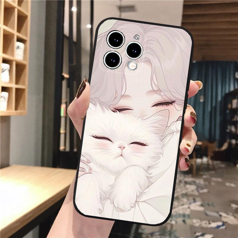 Anime Girl Woman Holding a Cat Phone Case For iphone 16 15 14 Pro Max 16 15 14 13 12 Pro 15Plus iphone 11