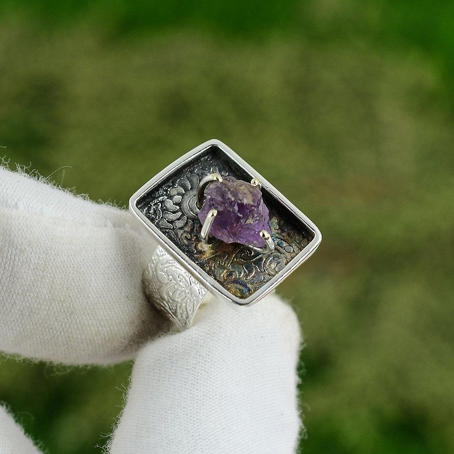 Natural Amethyst Rough Gemstone Statement Adjustable Ring 925 Silver For Girls Adjustable