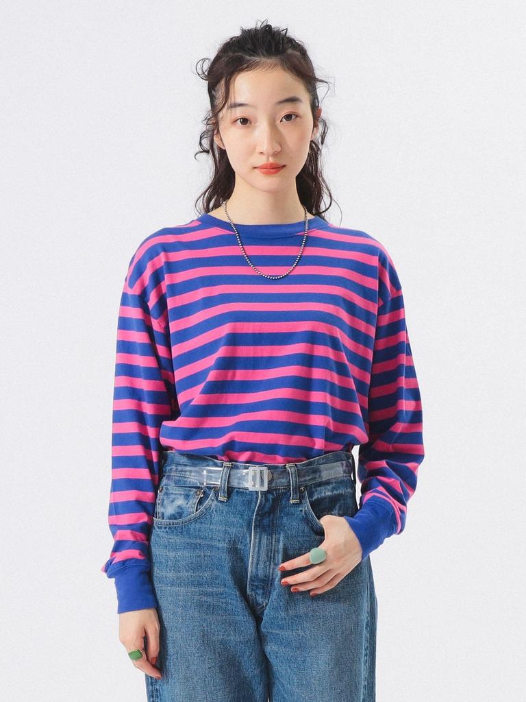 Beams Boy Women's Basic Striped Long Sleeve L/S Tee, Blue/Pink, Free Size
