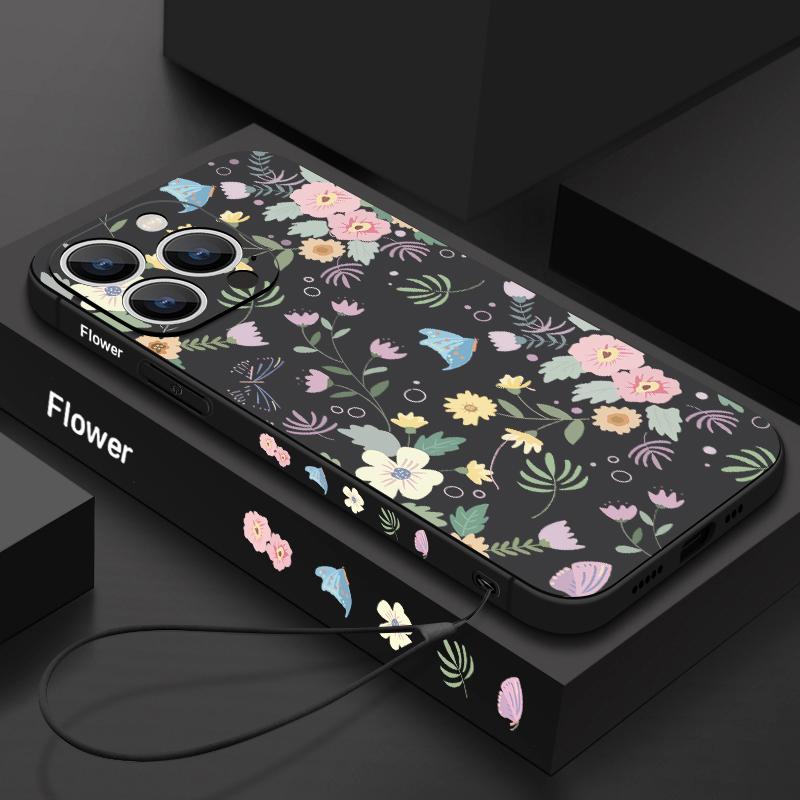 

Модный матовый магнитный чехол с цветочным принтом для iPhone 15 Pro Max 14 Pro 13 12 11, противоударный, с рисунком для Magsafe, мягкий чехол для телефона из ТПУ со шнурком iPhone 15 чёрный