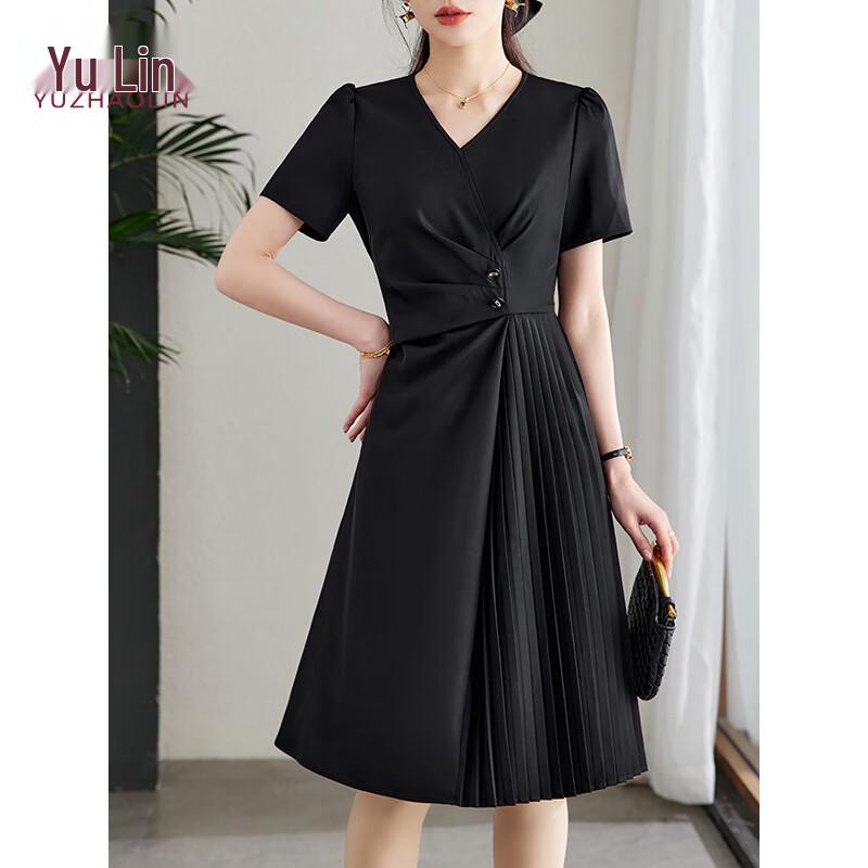 Yuzhaolin Women's French Style V-Neck Pleated A-Line Dress