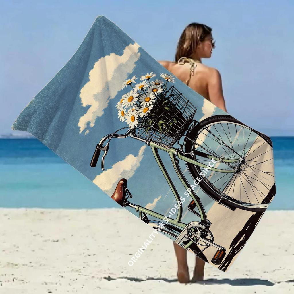 Vintage Daisy Bike Beach Towel Patterned Sunscreen And Windproof Suitable For Swimming Pool Camping Travel Blanket