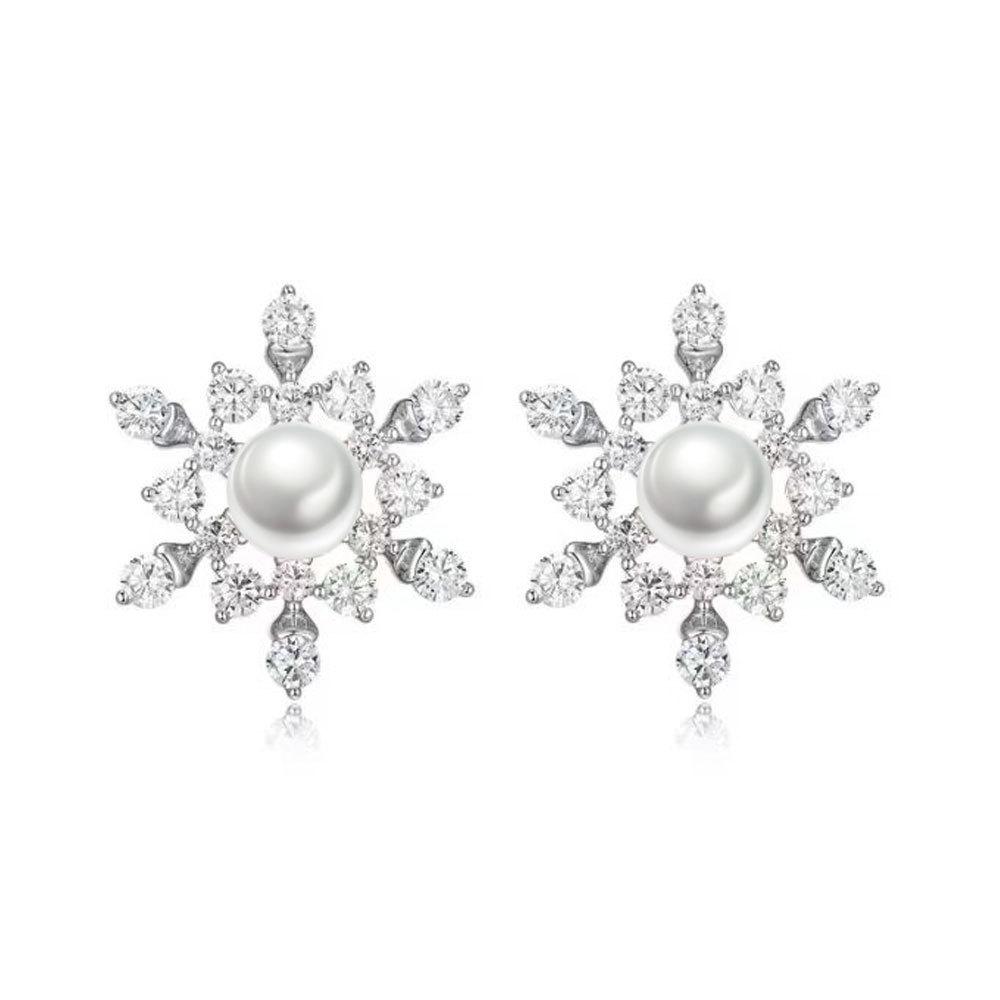 925 Sterling Silver Premium Fashion Snowflake Zircon Pearl Stud Earrings Birthday Party Anniversary Gift