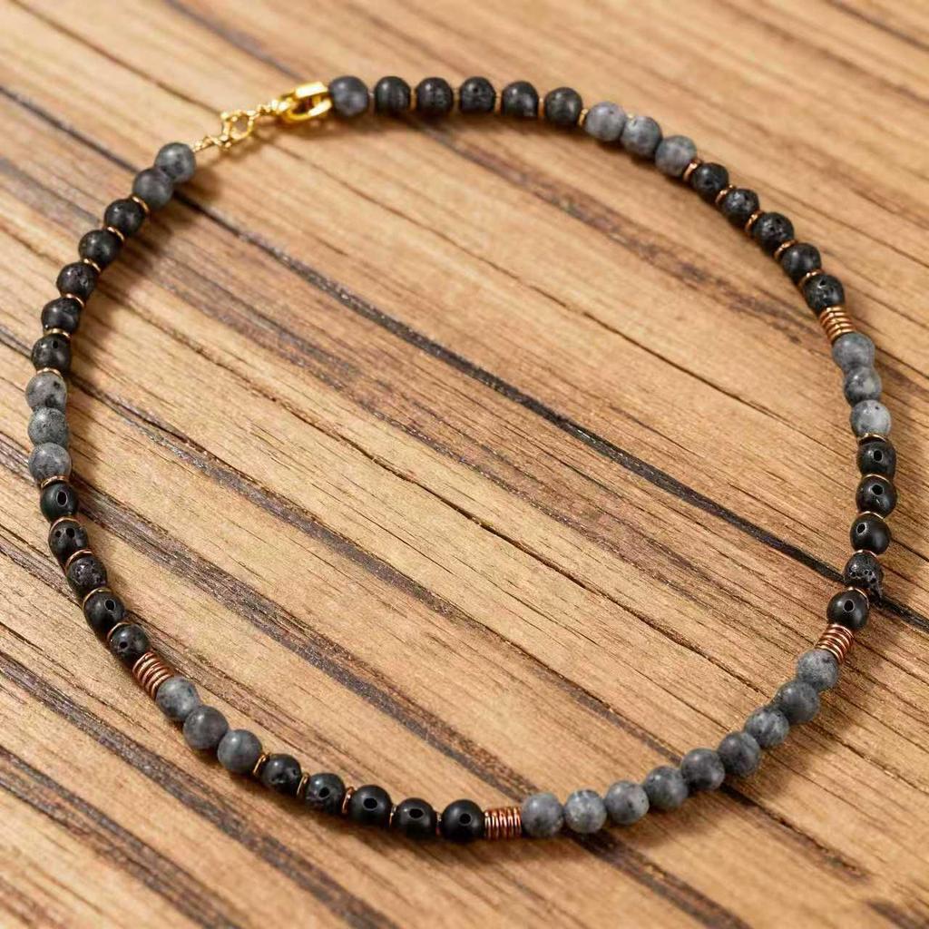Vintage European-American Volcanic Stone Bead Necklace & Bracelet Set for Men