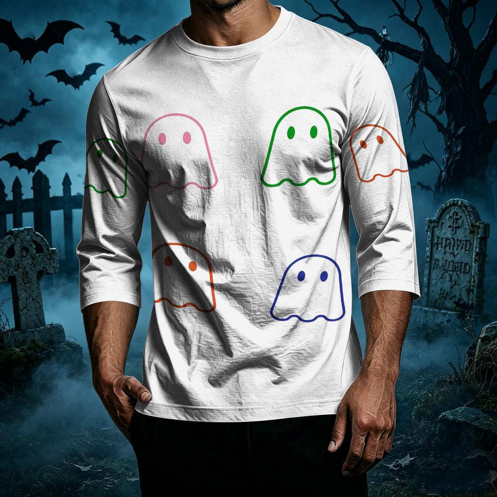 Men Casual Halloween Print Crew Neck T Shirt Three Quarter Sleeve Relaxed Fit Top for Everyday Wear