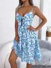 Women Casual Floral Ruffled Bow Strappy High Waist A Line Midi Dress