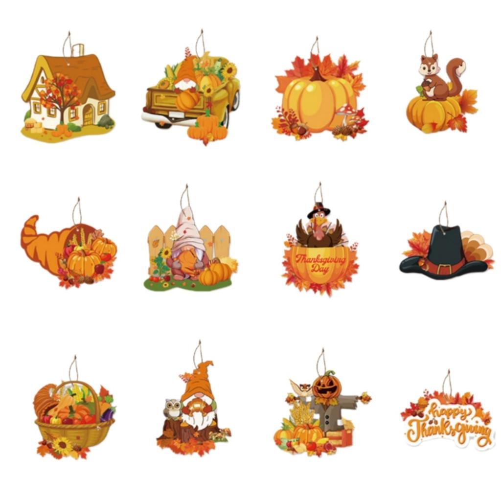 12Pcs Hanging Ornaments Thanksgiving Fall Tree Decorations Paper Hanging Signs And Pendant With Ropes Decor