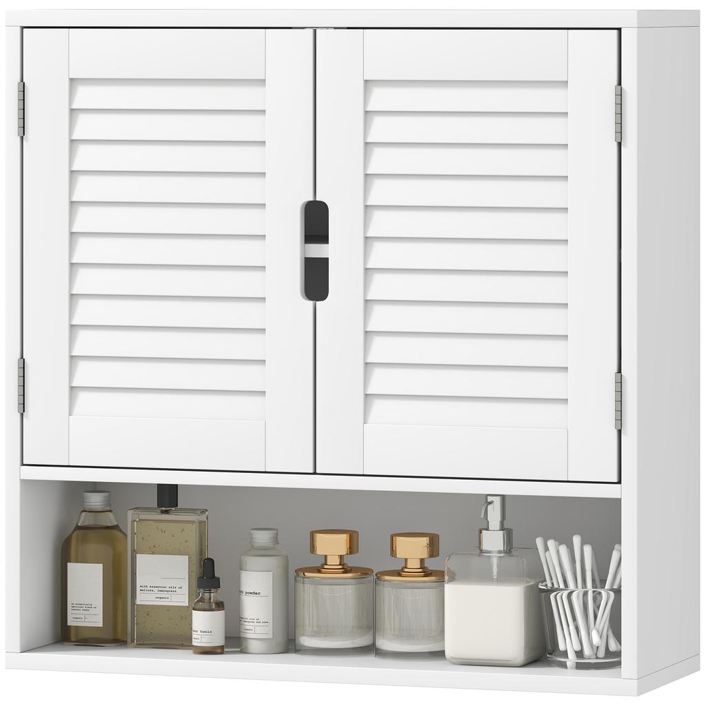 Bathroom Wall Cabinet, Slatted Door, Adjustable Shelf, Open Compartment, 60 x 20 x 60 cm, White