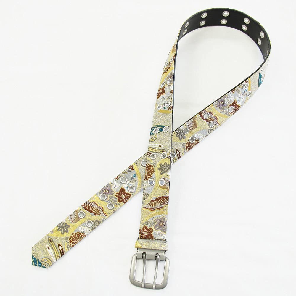 Japanese Pattern Gold Brocade Nishijin Belt Free Size 46 holes Men's Belt, Weave, 110cm Made in Japan
