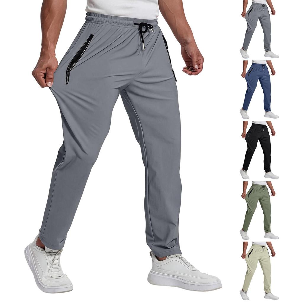 Men's Casual Lightweight Elastic Waistband Quick Dry Ice Silk Pants with Zipper Pockets Breathable Stretch Sports Trousers for Everyday Wear
