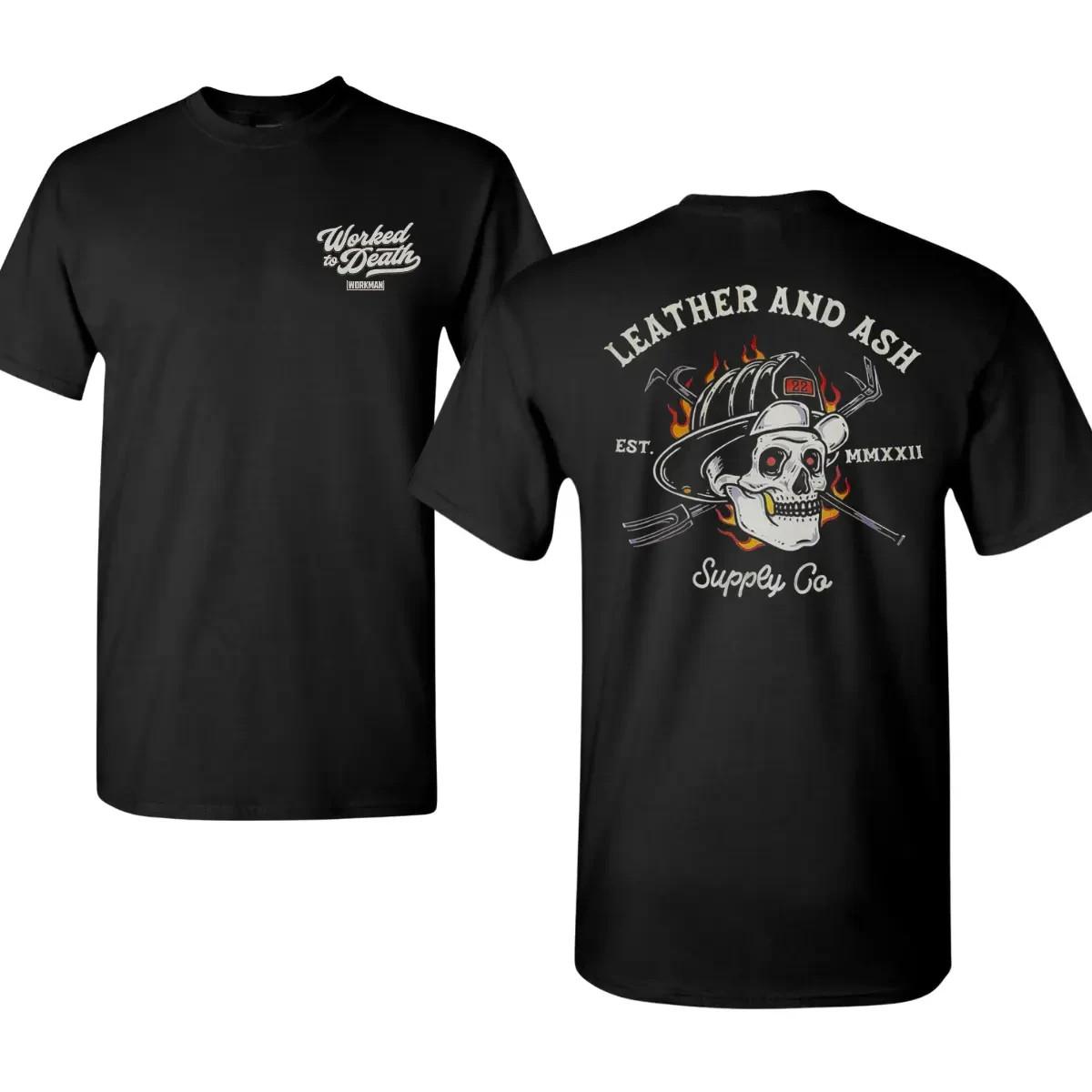 Leather and Ash Firefighter Shirt, Skull Firefighter Helmet Graphic Tee S