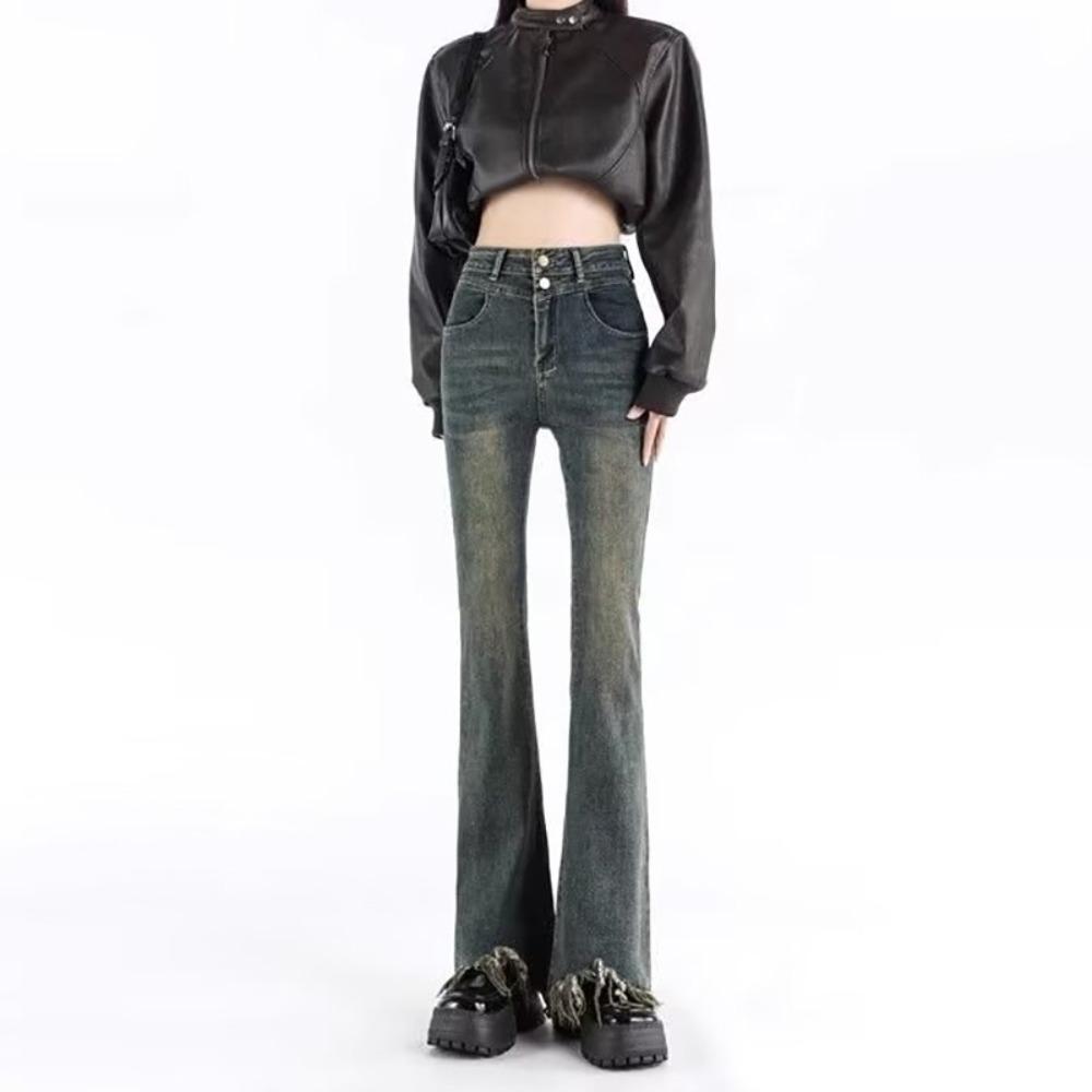 Neutral Burrs Slightly Pulled Jeans Women's Thin High Waist Spring and Autumn New Design Micro-flared Jeans