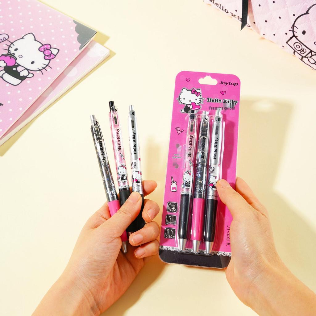 Genuine Hello Kitty 0.5mm Black Ink Clickable Ballpoint Pen with High-Value Pen Clip - 3-Pack Writing Tools.