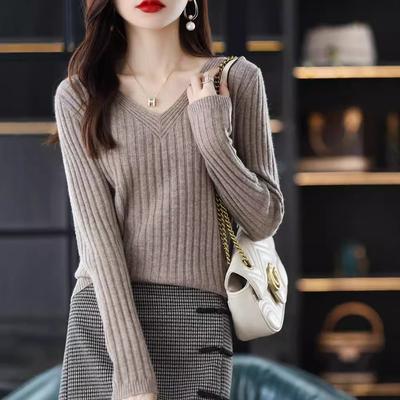 Knitwear Spring and Autumn Thin V-Neck Pullover Long Sleeve Undercoat Women's Sweater Simple and Elegant Versatile Top