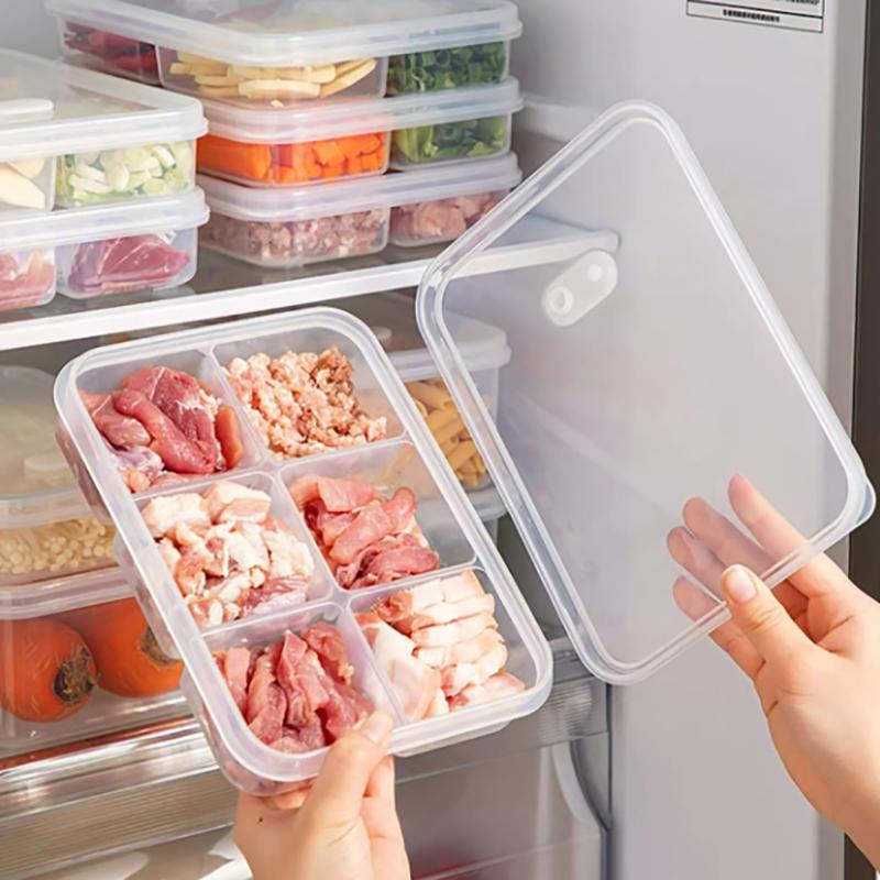 Transparent 4/6 Grids Storage Box Refrigerator Large Capacity Container Storage Box Frozen Meat Compartment Food Kitchen Tool
