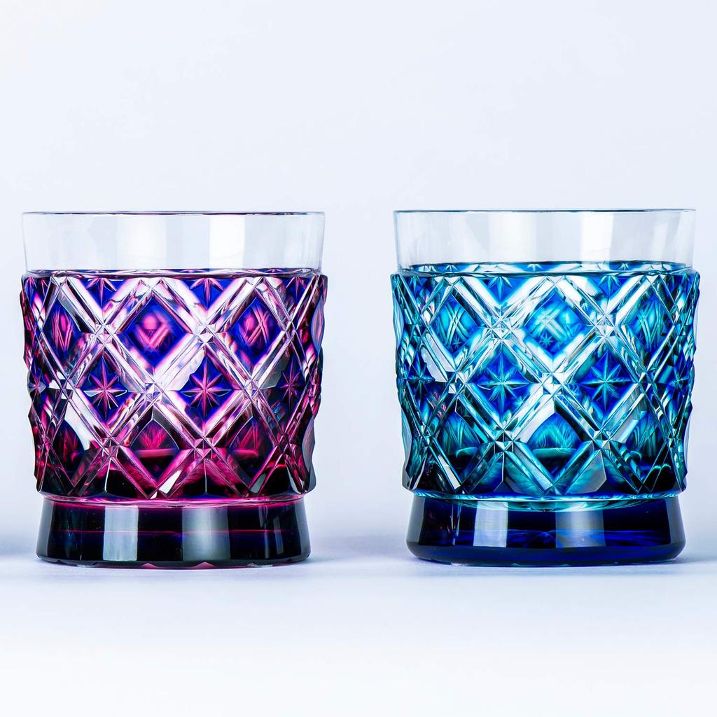 Yamashita Kogei Rock Glass Lazuli X H85mm Satsuma Kiriko Double Lattice Old 13049060 Green/Lapis 78