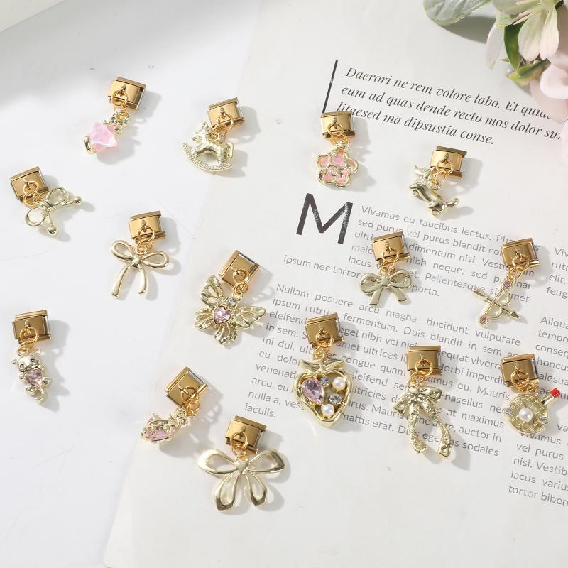 New Vintage Golden Pendant Charm Cat Butterfly Star Tennis Racket Bow Links Fit 9MM Stainless Steel Bracelet Women DIY Making