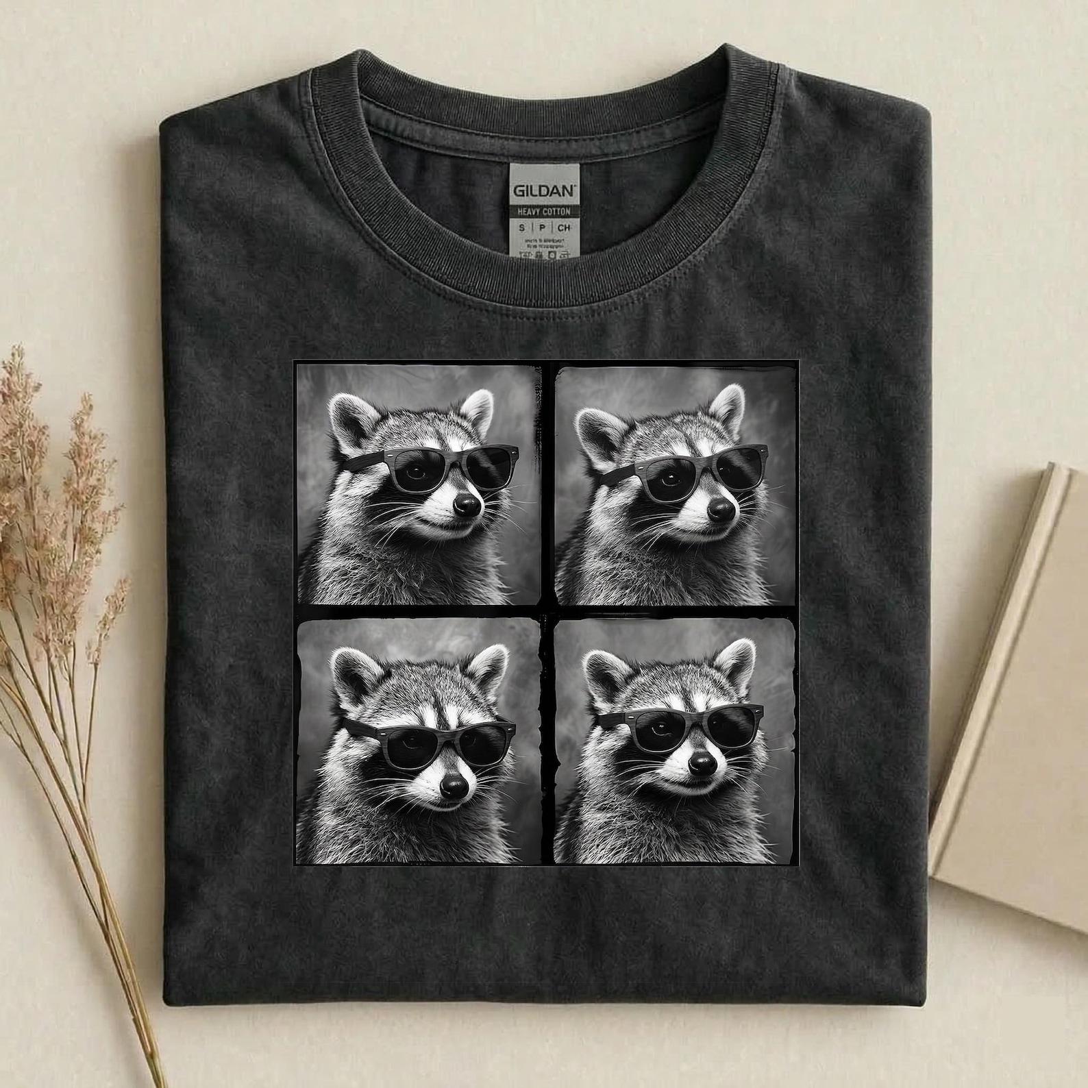 Cool Raccoon Sunglasses Shirt, Funny Raccoon Graphic Tee, Cute Trash Panda T-Shirt, Black and White Animal Shirt 4XL