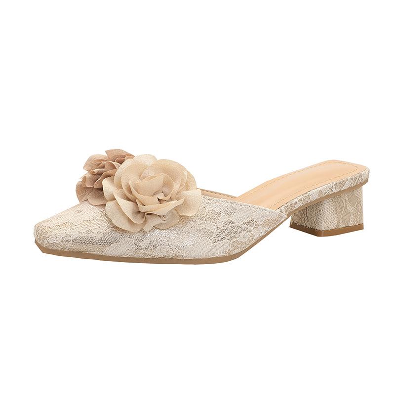 

Модные женские шлепанцы с цветком смешанных цветов, квадратный носок, средний высокий каблук, слайды, туфли-мюли, кружево, цветочный, массивный каблук, праздничные туфли, большой размер 43 43 абрикосовый
