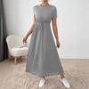 Crew Neck Solid Color Dress - Short Sleeve Drawstring Waist Side Pocket Shift Dress, Casual Breathable Cotton Tunic, Minimalist Everyday Outfit