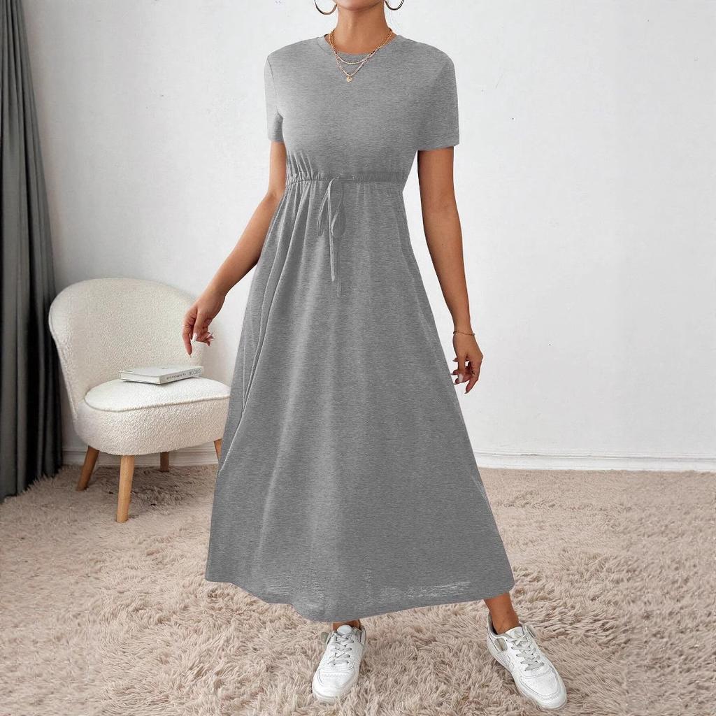 Crew Neck Solid Color Dress - Short Sleeve Drawstring Waist Side Pocket Shift Dress, Casual Breathable Cotton Tunic, Minimalist Everyday Outfit