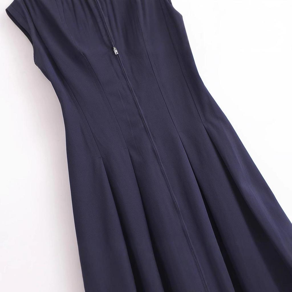 2025 Spring Women's European & American V-Neck Zipper Midi Dress