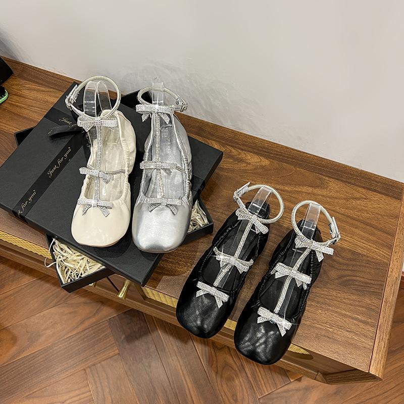 Fashion Spring 2025 New French Retro Heavy Industry Water Diamond Bow Shallow Toe Flat Ballet Single Shoe for Women Mary Jane