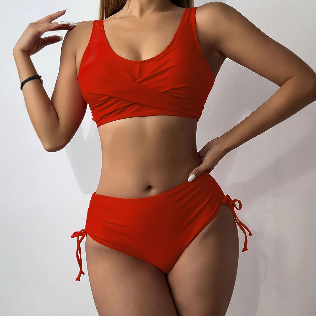 

High Waist Crisscross Strap Solid Color Bikini Swimsuit L червоний
