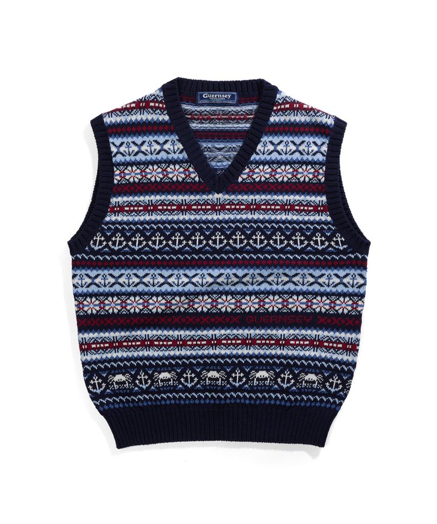 Geonjiulleunseu Grand Roque Fair Isle Cotton V-Neck Vest - Navy